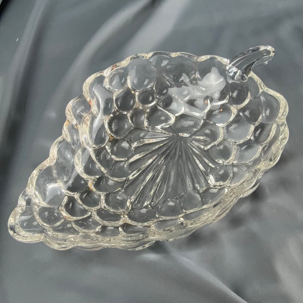 Vintage Clear Pressed Glass Grape Leaf Dish | Candy Nut Trinket Bowl 7"